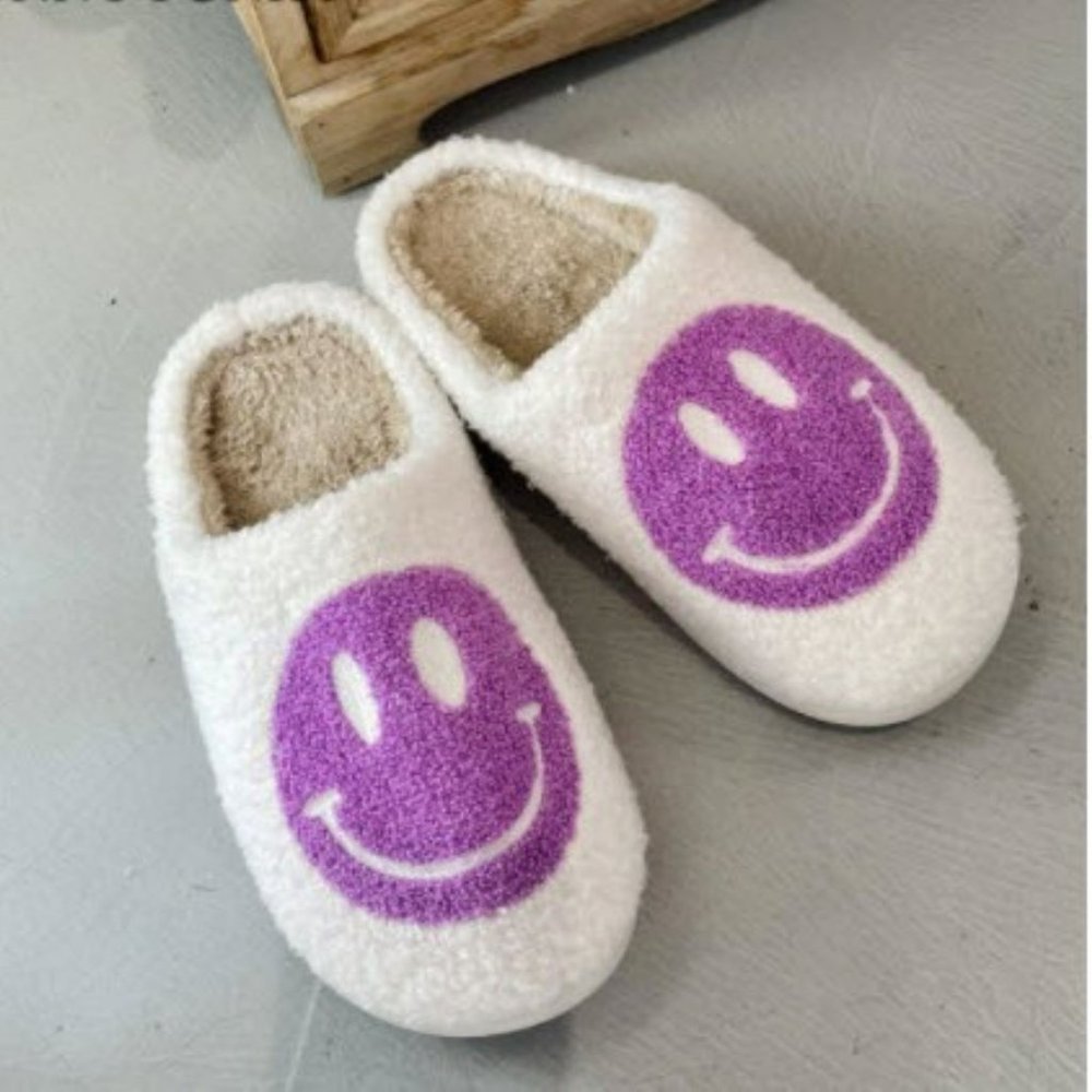 Purple and White Smiley Face Slippers with Soles